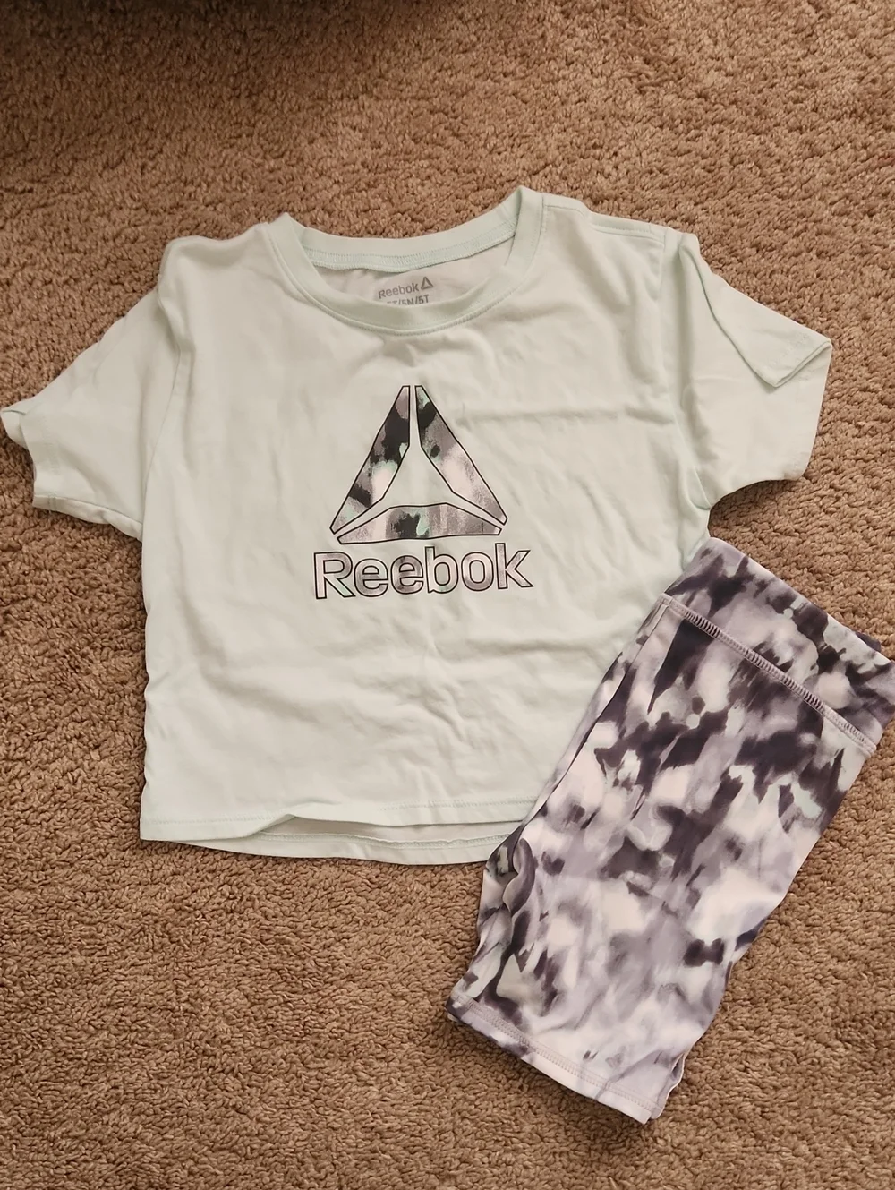 Reebok Girls Mint Logo Tee with Gray-Purple Tie-Dye Shorts
